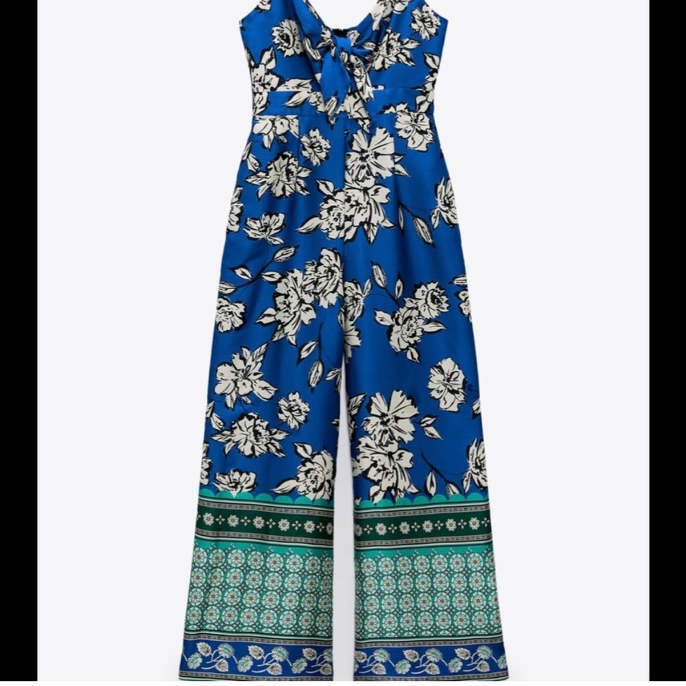 Zara blue floral jumpsuit with front tie cutout and green accents